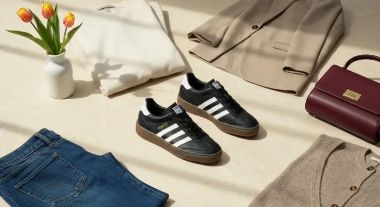 Czarne damskie sneakersy retro z gumową podeszwą obok jeansów, sukienki i beżowego garnituru