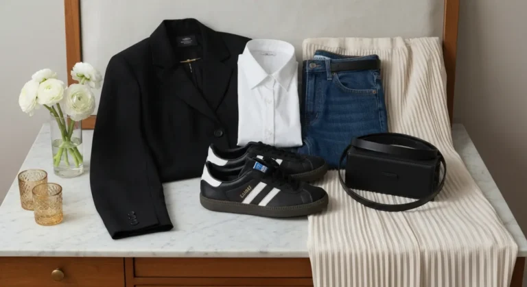 Czarne sneakersy retro z białymi paskami obok marynarki, jeansów, spódnicy i eleganckich dodatków