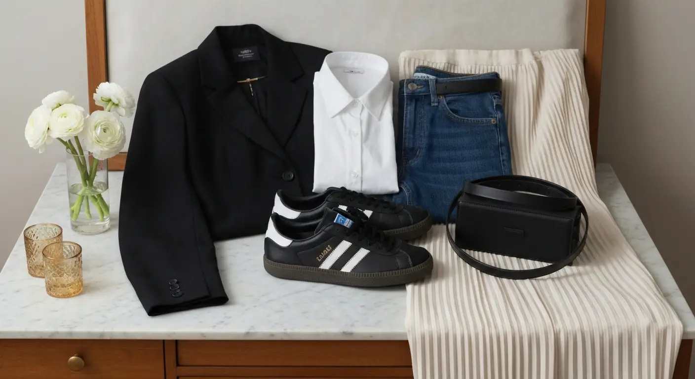 Czarne sneakersy retro z białymi paskami obok marynarki, jeansów, spódnicy i eleganckich dodatków