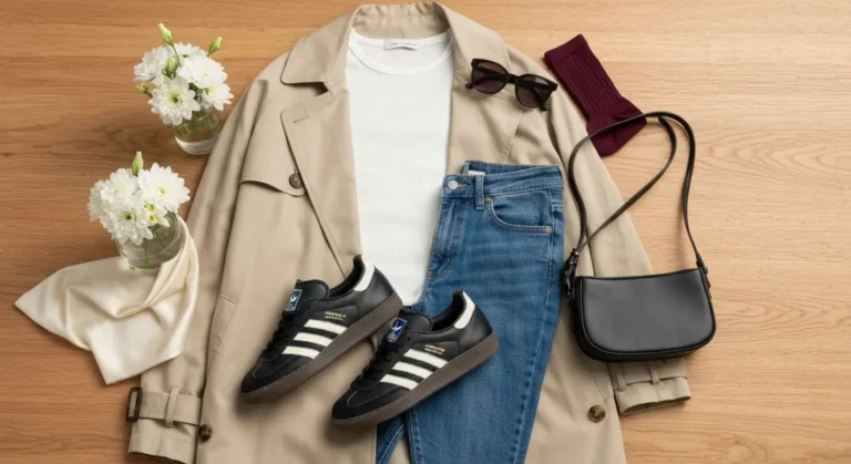Czarne sneakersy Adidas Samba z jeansami, beżowym trenczem i bordowymi skarpetkami
