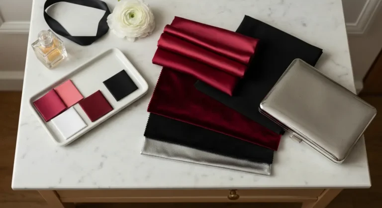 Paleta wiśni, burgundu, czerni i srebra ułożona z eleganckich tkanin i dodatków