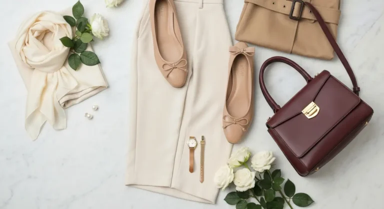 Beżowe baleriny z kokardą, trencz i burgundowa torebka w eleganckim zestawie royal casual