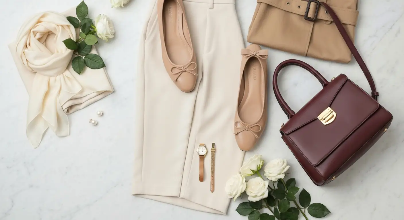 Beżowe baleriny z kokardą, trencz i burgundowa torebka w eleganckim zestawie royal casual
