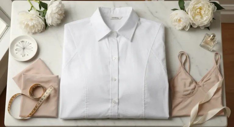 Biała koszula damska plus size rozłożona na marmurowym blacie z miarką i akcesoriami krawieckimi
