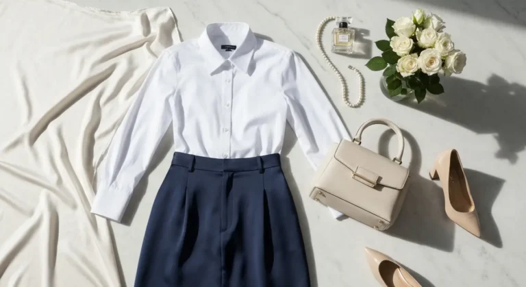 Biała koszula z popeliny, granatowa spódnica midi, perły i eleganckie dodatki na marmurze