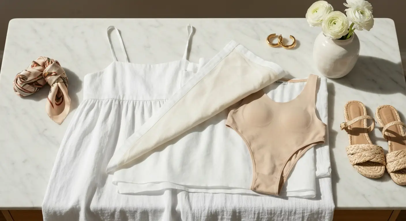 Biała letnia sukienka z podszewką, bielizną nude i złotymi dodatkami na marmurowej toaletce