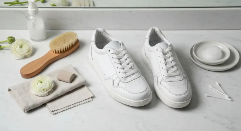 Białe damskie sneakersy z akcesoriami do czyszczenia skóry, zamszu, siatki i gumowej podeszwy