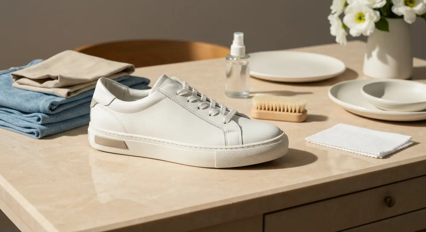 Białe damskie sneakersy z akcesoriami do czyszczenia na jasnym marmurowym blacie