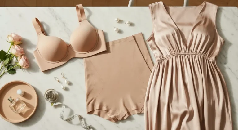 Biustonosz, gładka halka i szorty przeciw otarciom ułożone obok satynowej sukienki plus size
