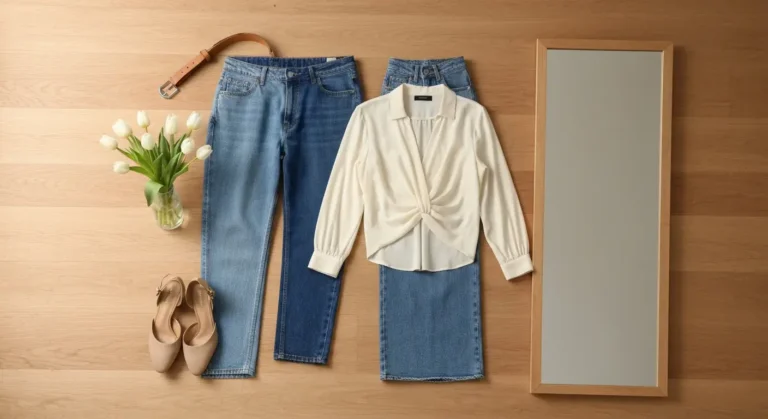 Bluzki zestawione z jeansami z wysokim stanem, mom jeans, skinny i wide leg na drewnianej powierzchni