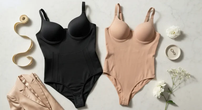 Dwa damskie body modelujące z miseczkami, taliowaniem i regulowanymi ramiączkami na marmurze