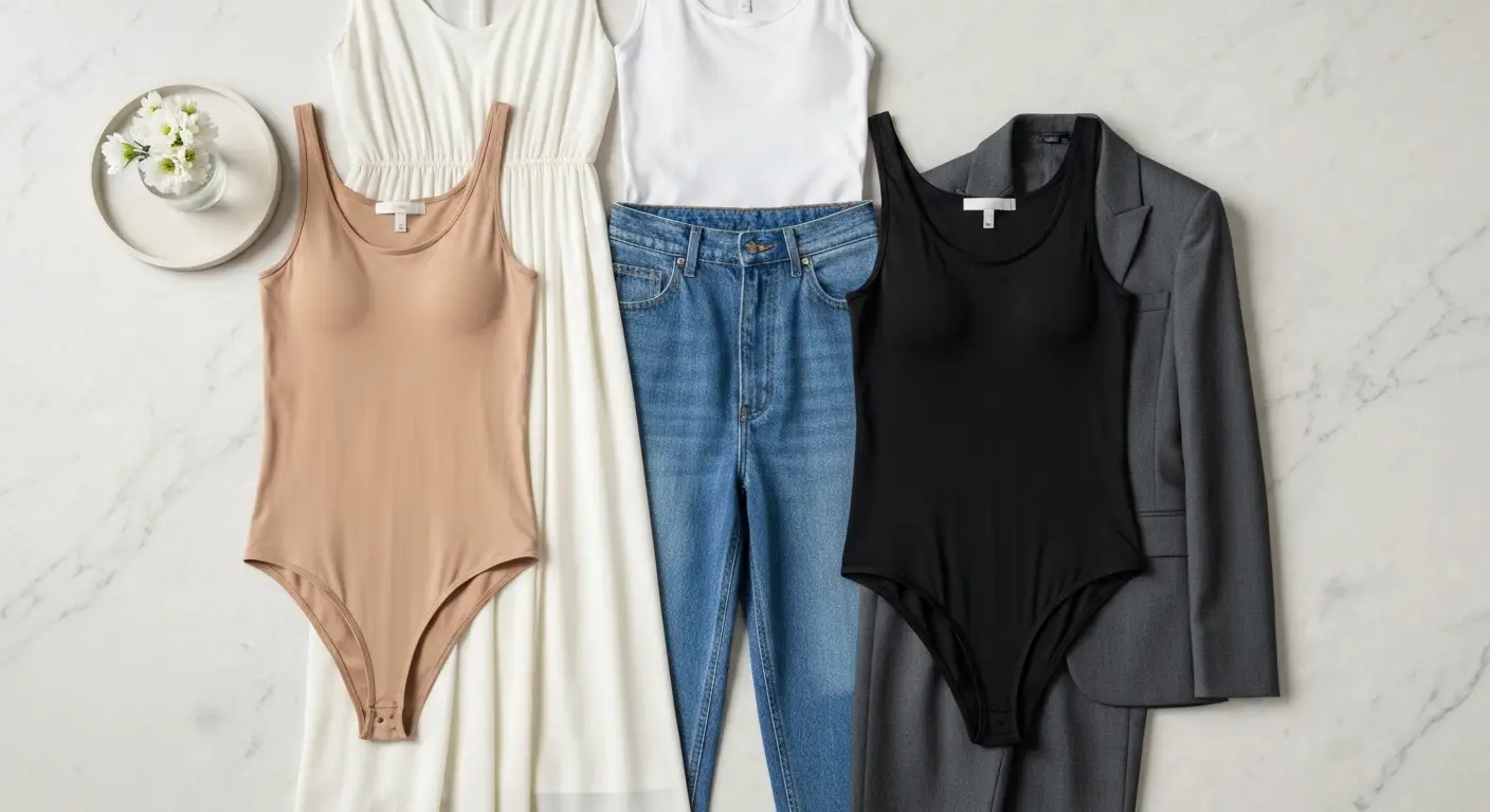Trzy body damskie zestawione z tkaniną sukienki, jeansami i eleganckimi spodniami
