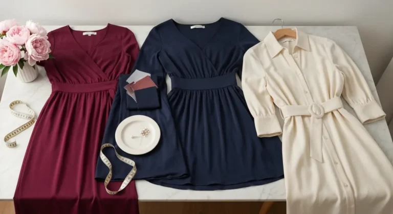 Trzy sukienki plus size z miarką krawiecką i próbkami materiałów na marmurowym stoliku