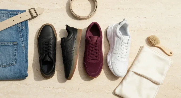 Trzy damskie sneakersy - skórzane, zamszowe i biegowe - ułożone obok denimu i dodatków