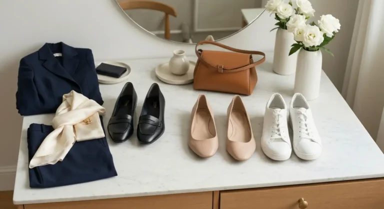 Eleganckie i wygodne buty damskie do pracy ułożone na marmurowym stoliku