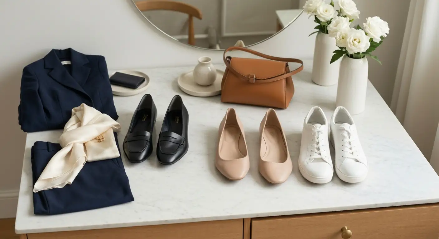 Eleganckie i wygodne buty damskie do pracy ułożone na marmurowym stoliku