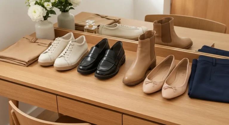 Wygodne sneakersy, loafersy, botki i baleriny na drewnianej toaletce z kwiatami