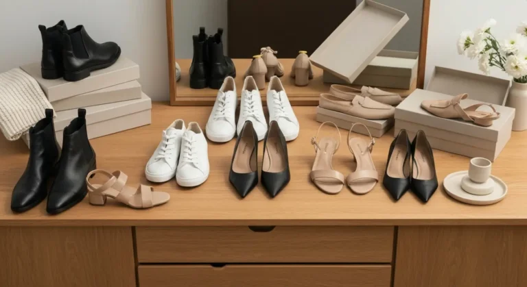 Uporządkowana kolekcja damskich butów - botki, sneakersy, loafersy, sandały i szpilki na drewnianym stole