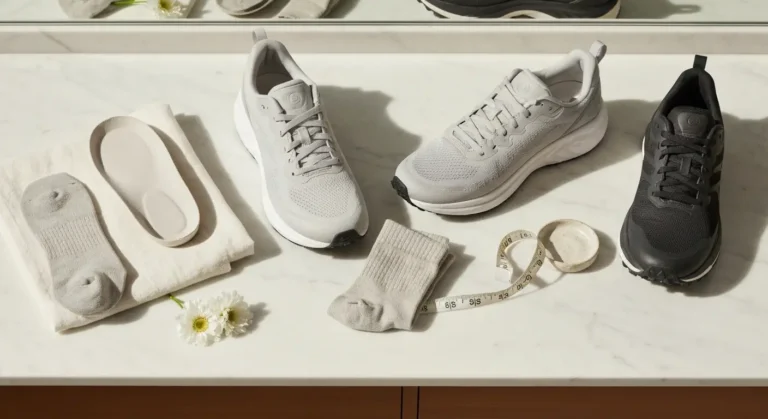 Dwa buty do biegania z różną amortyzacją i podeszwą na marmurowej toaletce