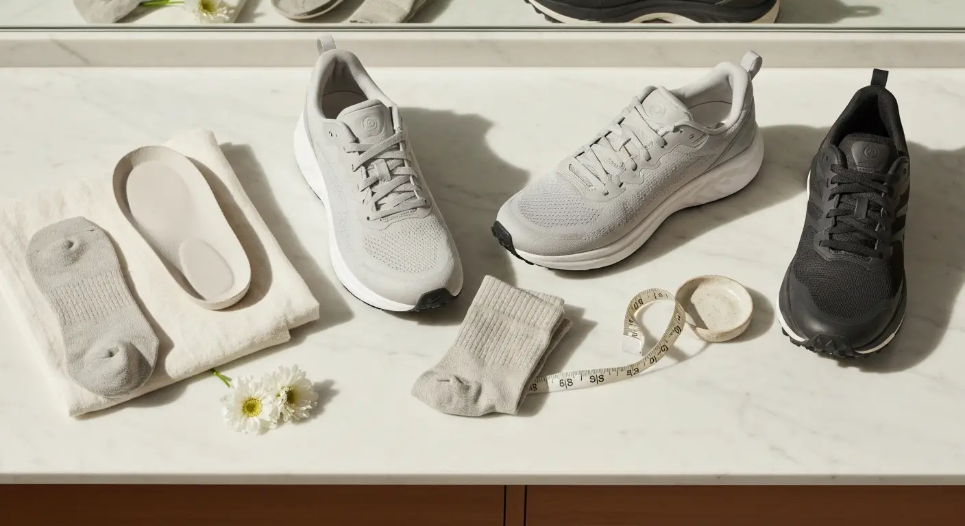 Dwa buty do biegania z różną amortyzacją i podeszwą na marmurowej toaletce