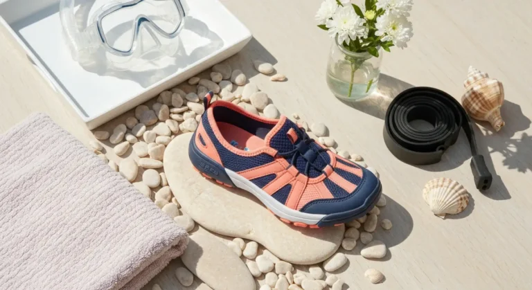 Buty do wody z grubą antypoślizgową podeszwą na kamieniach obok maski do snorkelingu