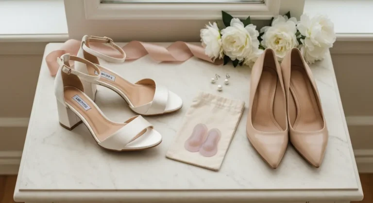 Eleganckie buty na obcasie na wesele z paskiem przy kostce i dodatkami na marmurowej toaletce