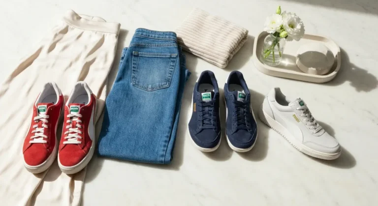 Trzy pary damskich sneakersów Puma obok jeansów, satynowej spódnicy i akcesoriów treningowych