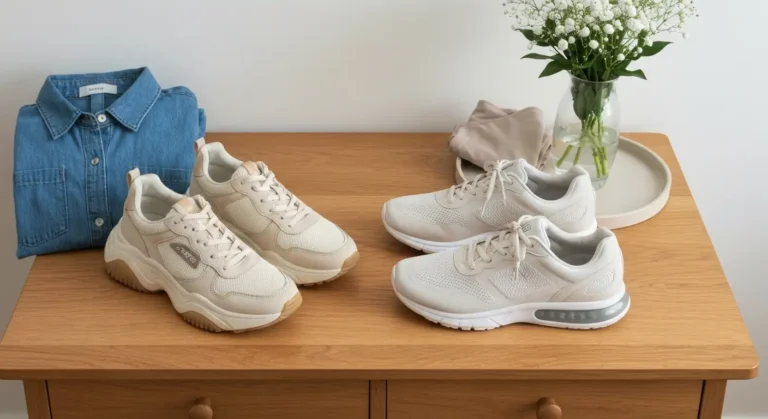 Porównanie damskich sneakersów lifestyle i stabilnych butów treningowych na drewnianym stoliku