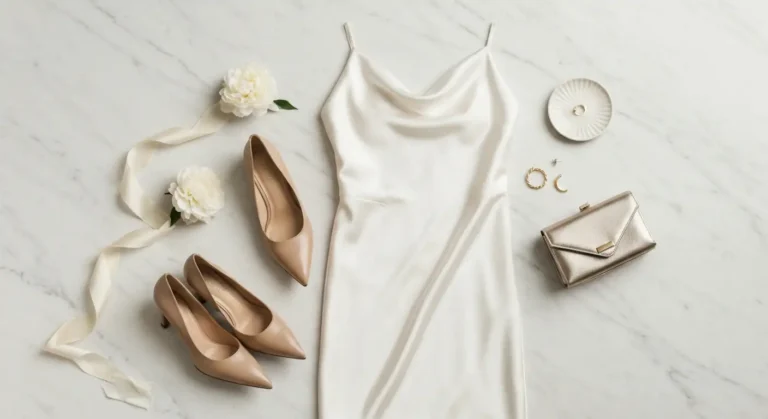 Satynowa sukienka, sandały slingback, kopertówka i złota biżuteria na marmurowym blacie