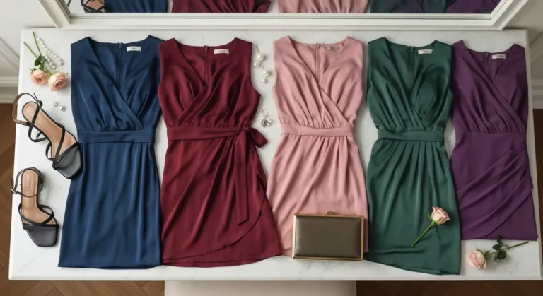 Eleganckie tkaniny sukienek na wesele w granacie, burgundzie, zieleni, różu i śliwkowym fiolecie
