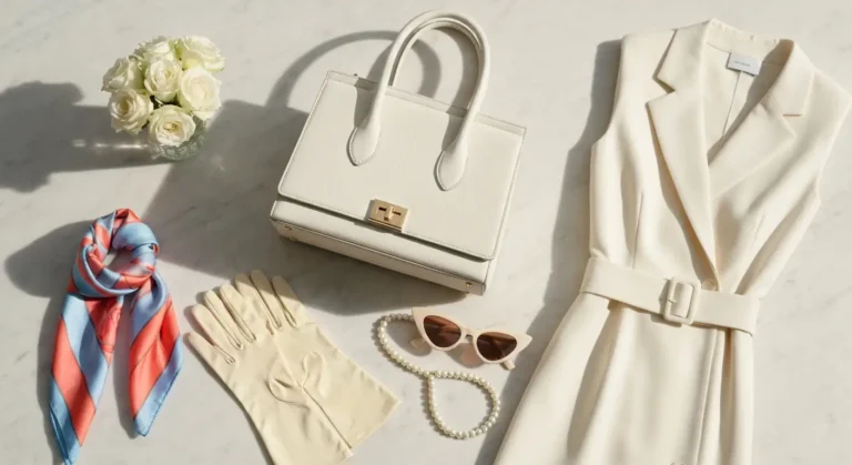 Apaszka, perły, rękawiczki i jasna torebka w stylu klasycznej elegancji Grace Kelly
