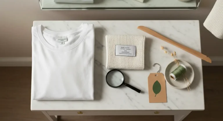 Metki i próbki tkanin oglądane lupą obok białego T-shirtu