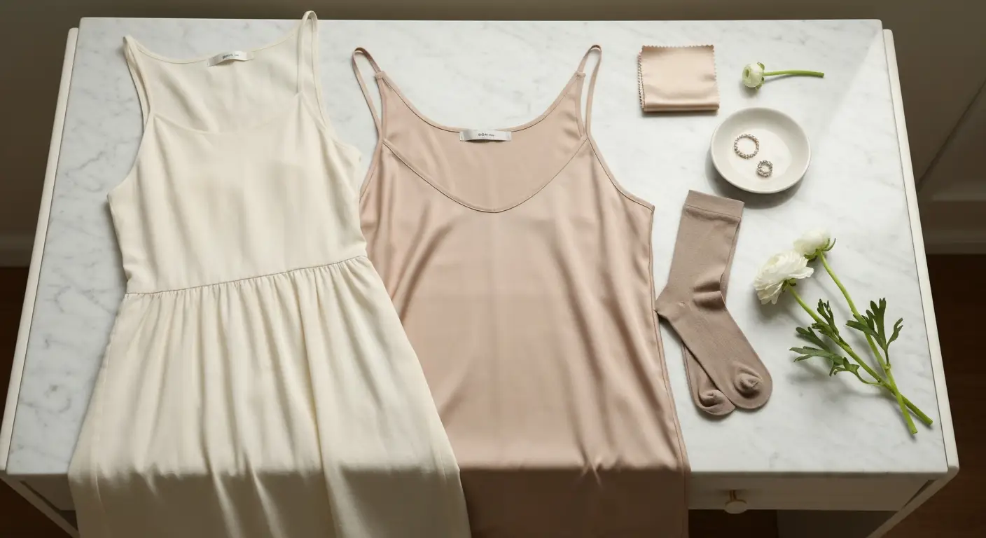 Kremowa sukienka z wiskozy i cielista gładka halka na marmurowej toaletce