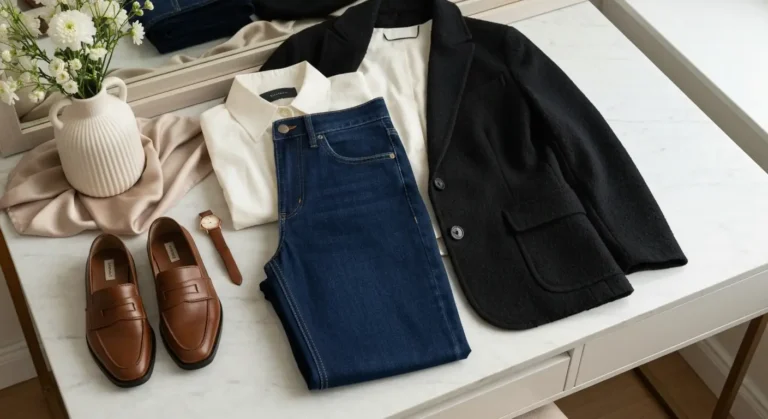 Ciemne jeansy straight leg z koszulą, marynarką i loafersami w stylizacji do biura