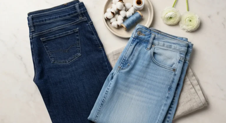 Dwie pary damskich jeansów i próbki denimu na marmurowej powierzchni