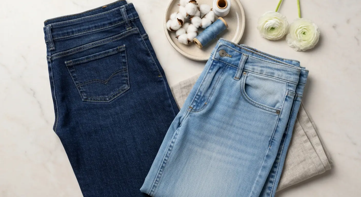 Dwie pary damskich jeansów i próbki denimu na marmurowej powierzchni