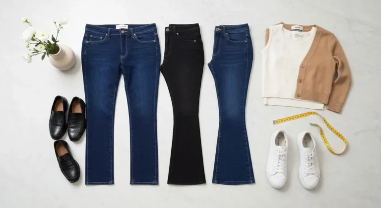 Jeansy z wysokim stanem straight leg, bootcut i flare ułożone z loafersami, botkami i sneakersami