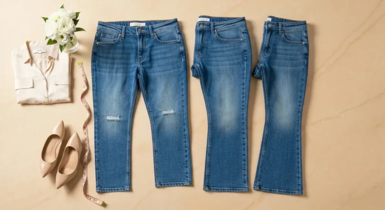 Trzy fasony jeansów petite z miarką, szpilkami i jedwabną bluzką na marmurowym blacie