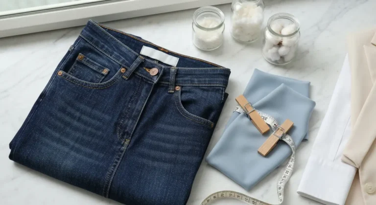Zbliżenie na granatowe jeansy z widocznym splotem denimu, szwami i próbkami tkanin