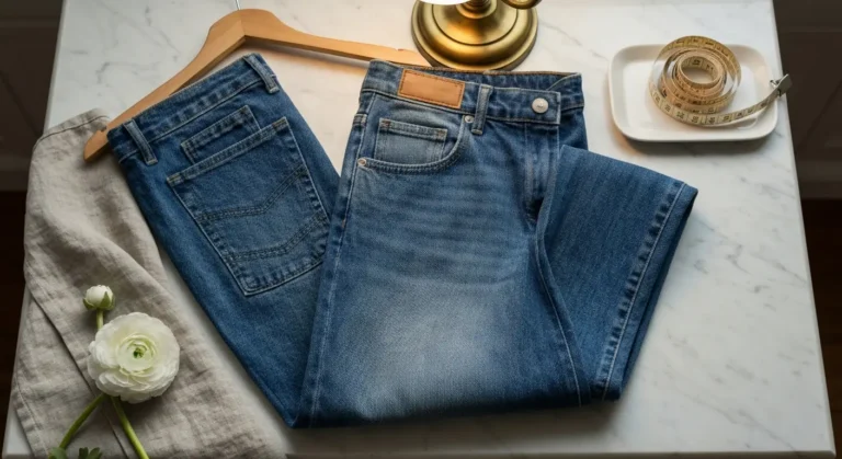Używane damskie jeansy z widocznym gęstym splotem denimu, szwami i lekko wytartym dołem nogawki