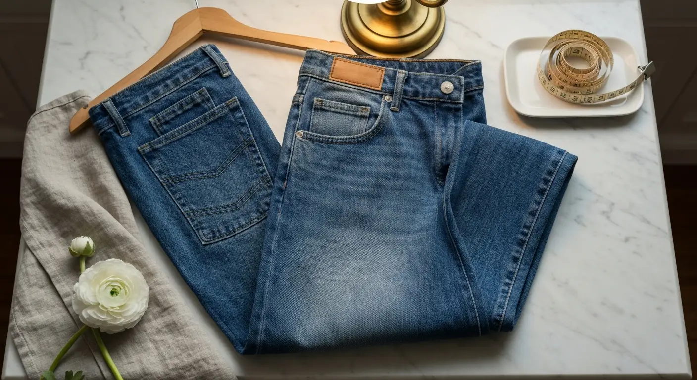 Używane damskie jeansy z widocznym gęstym splotem denimu, szwami i lekko wytartym dołem nogawki