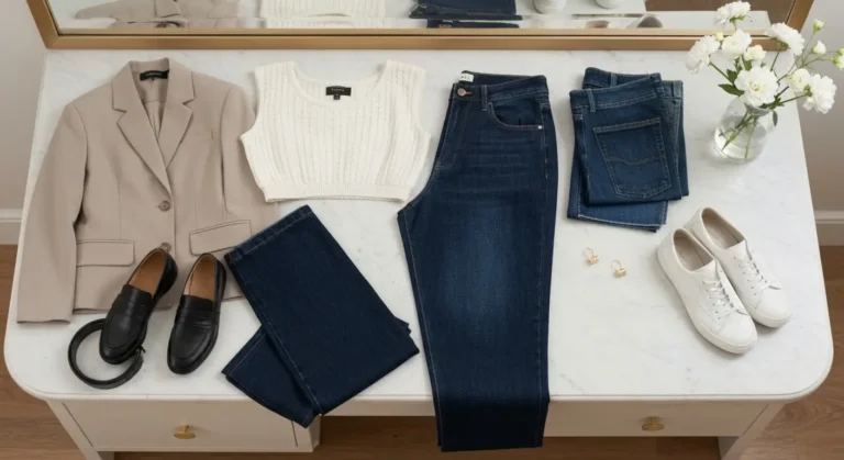 Jeansy wide leg z krótką marynarką, topem, loafersami i sneakersami na marmurowym stoliku