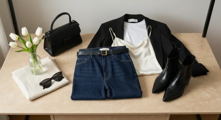 Flat lay z prostymi jeansami, czarną marynarką, białym T-shirtem i dodatkami w stylu street style