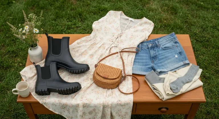 Czarne kalosze chelsea z sukienką boho, szortami i dodatkami na letni festiwal