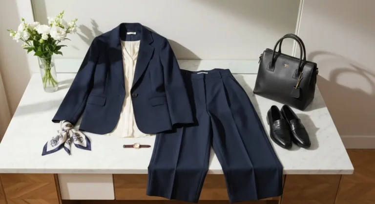 Elegancki granatowy komplet damski do pracy z jedwabną bluzką, loafersami i skórzaną torbą