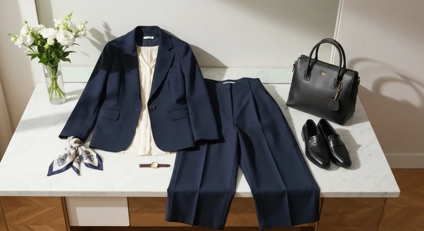 Elegancki granatowy komplet damski do pracy z jedwabną bluzką, loafersami i skórzaną torbą