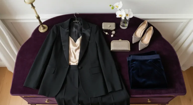 Elegancki czarny garnitur damski z satynowym topem, kopertówką i wieczorowymi dodatkami