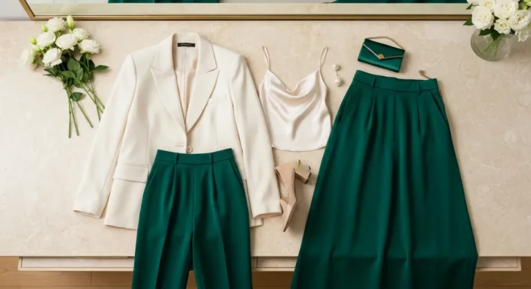Elegancki komplet plus size z marynarką, spodniami i spódnicą midi na jasnym marmurowym stole