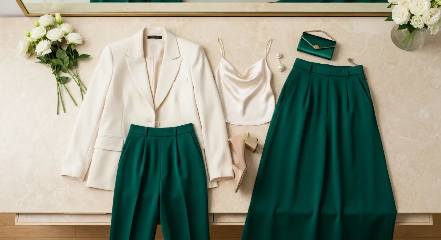 Elegancki komplet plus size z marynarką, spodniami i spódnicą midi na jasnym marmurowym stole